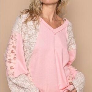 POL OVERSIZED Pink thermal waffle floral print long sleeve top NEW